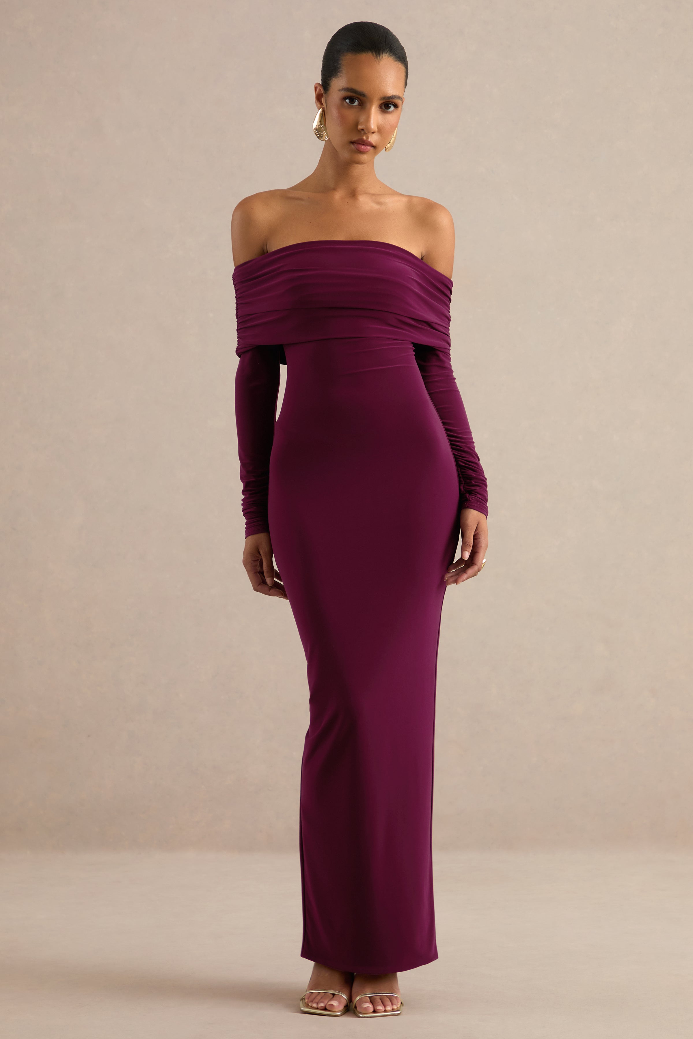 Julissa | Burgundy Bardot-Neck Maxi Dress With Scarf Detail
