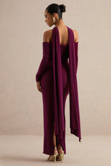 Julissa | Burgundy Bardot-Neck Maxi Dress With Scarf Detail