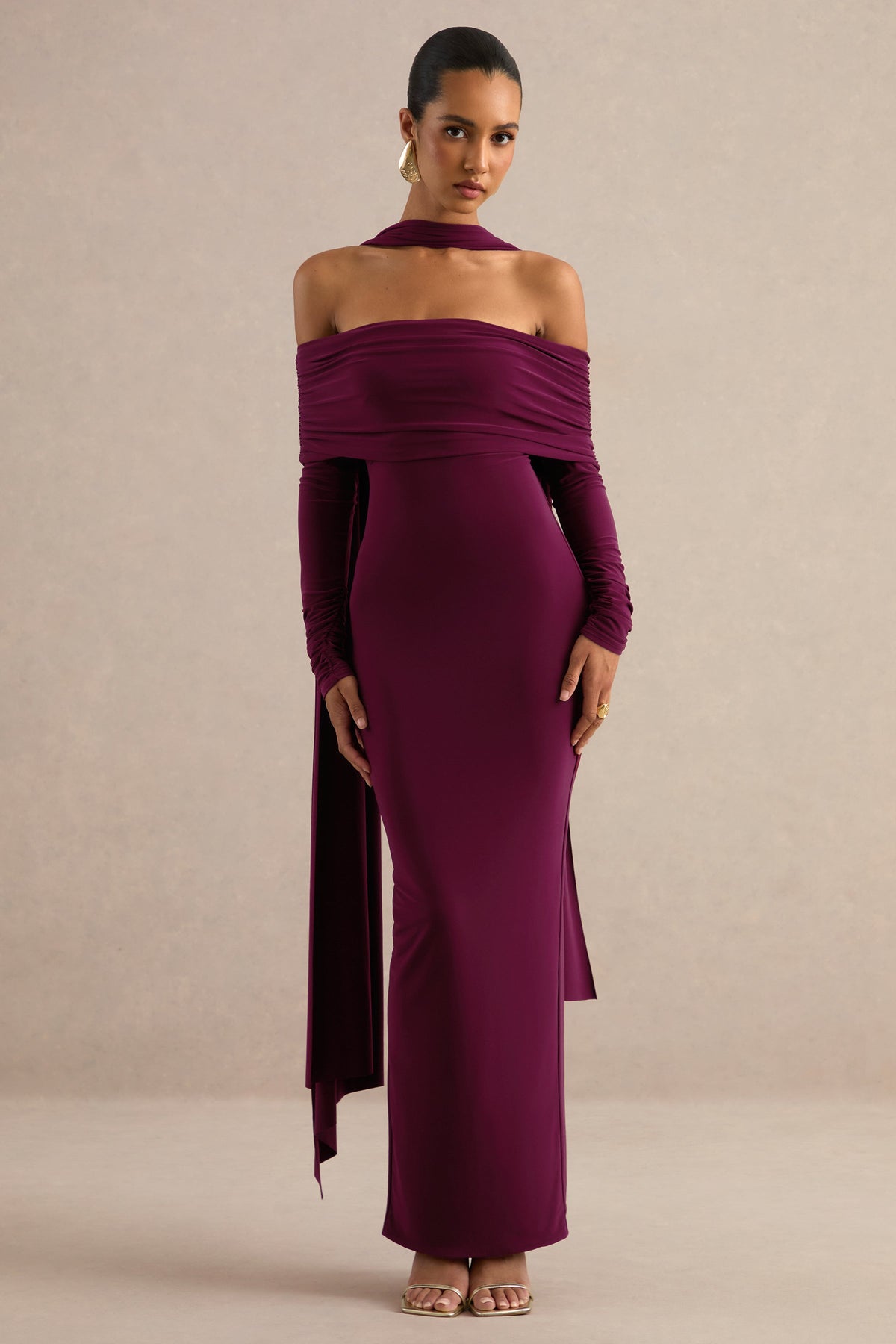 Julissa | Burgundy Bardot-Neck Maxi Dress With Scarf Detail