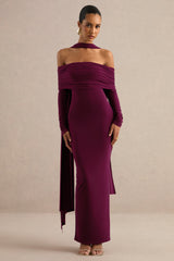Julissa | Burgundy Bardot-Neck Maxi Dress With Scarf Detail