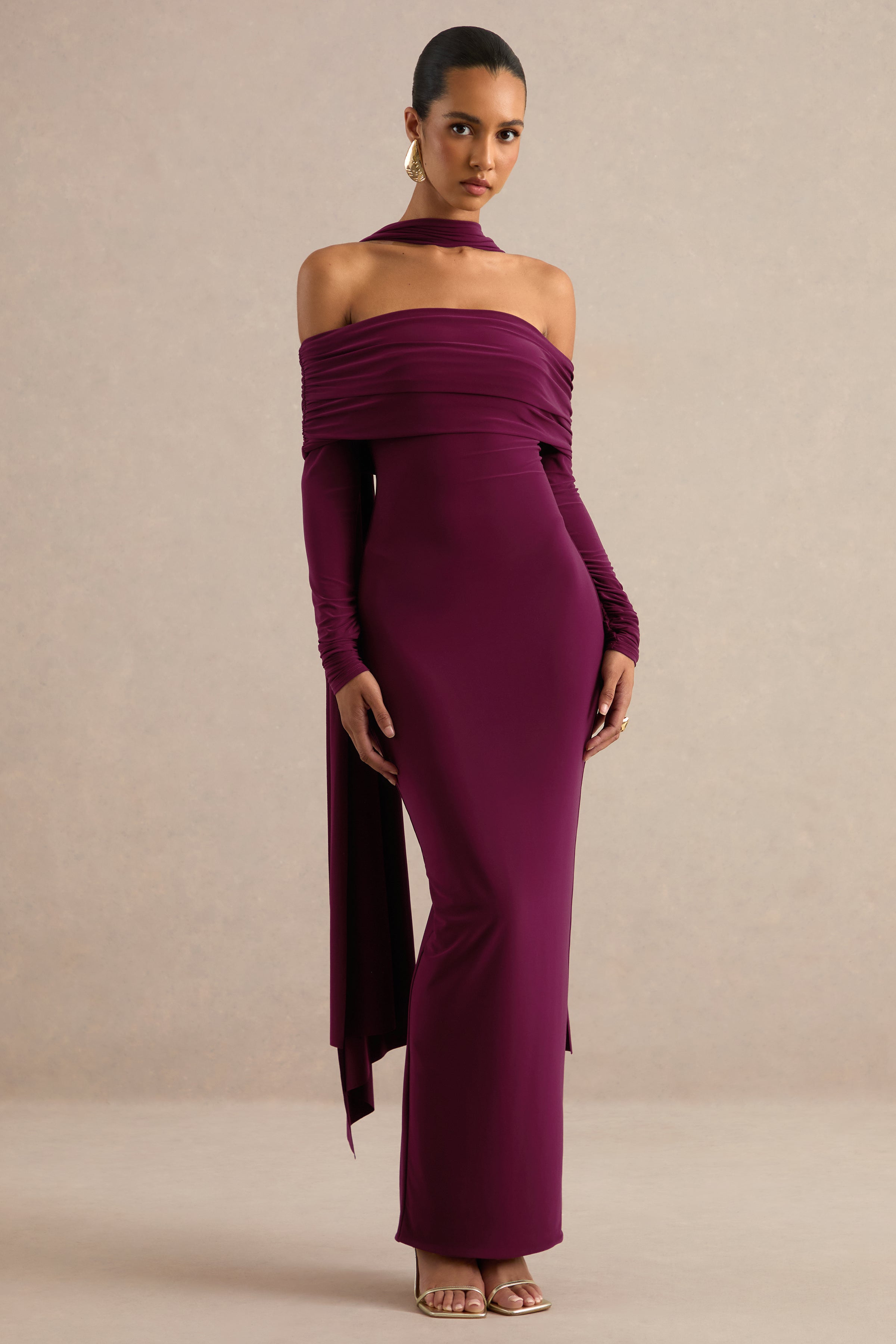 Julissa | Burgundy Bardot-Neck Maxi Dress With Scarf Detail