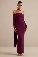 Julissa | Burgundy Bardot-Neck Maxi Dress With Scarf Detail