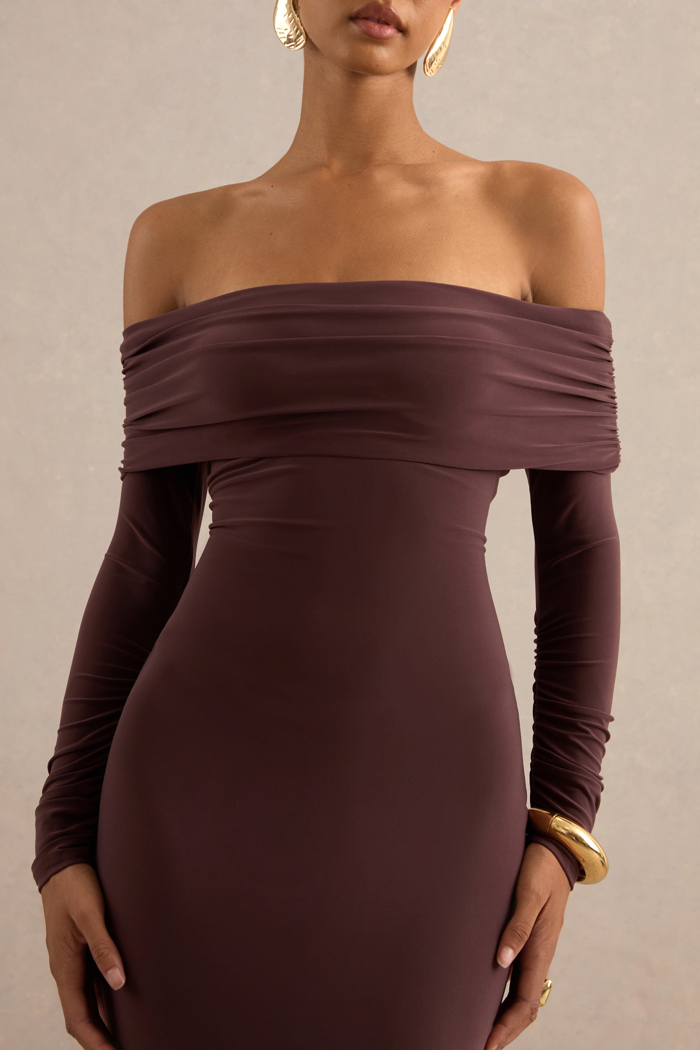 Keirae | Dark Brown Bardot-Neck Maxi Dress