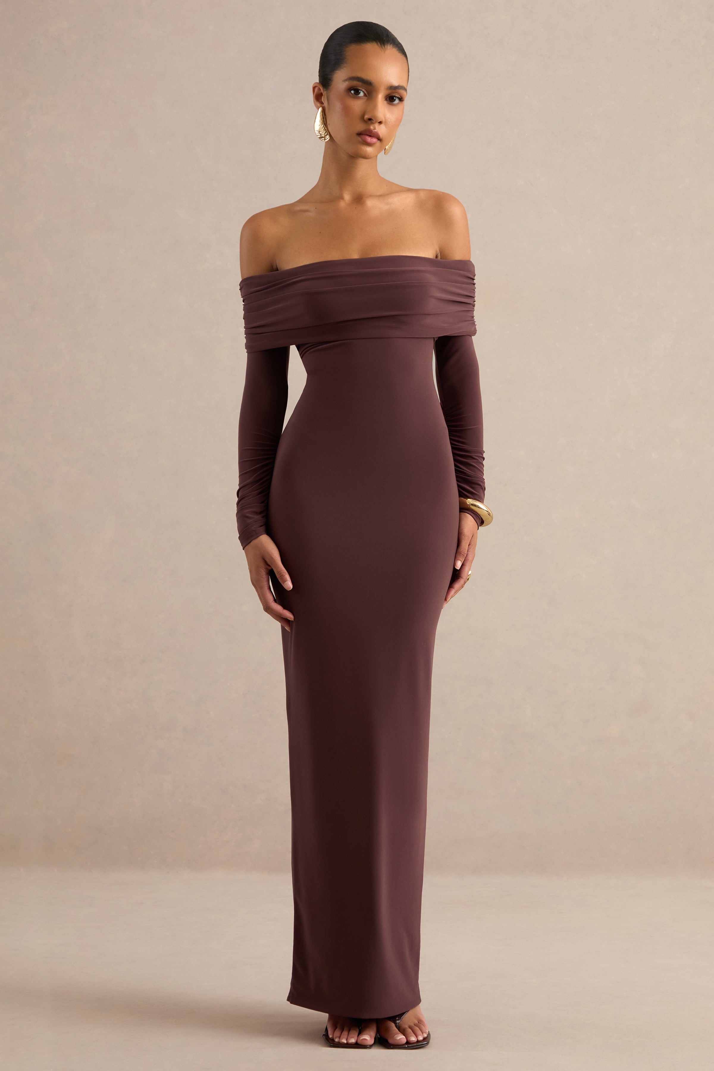 Keirae | Dark Brown Bardot-Neck Maxi Dress