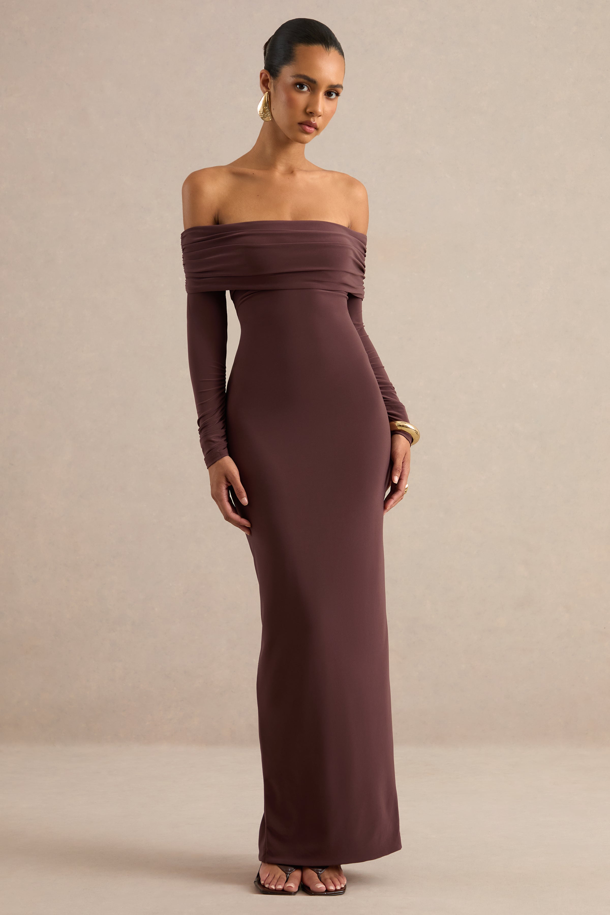 Keirae | Dark Brown Bardot-Neck Maxi Dress