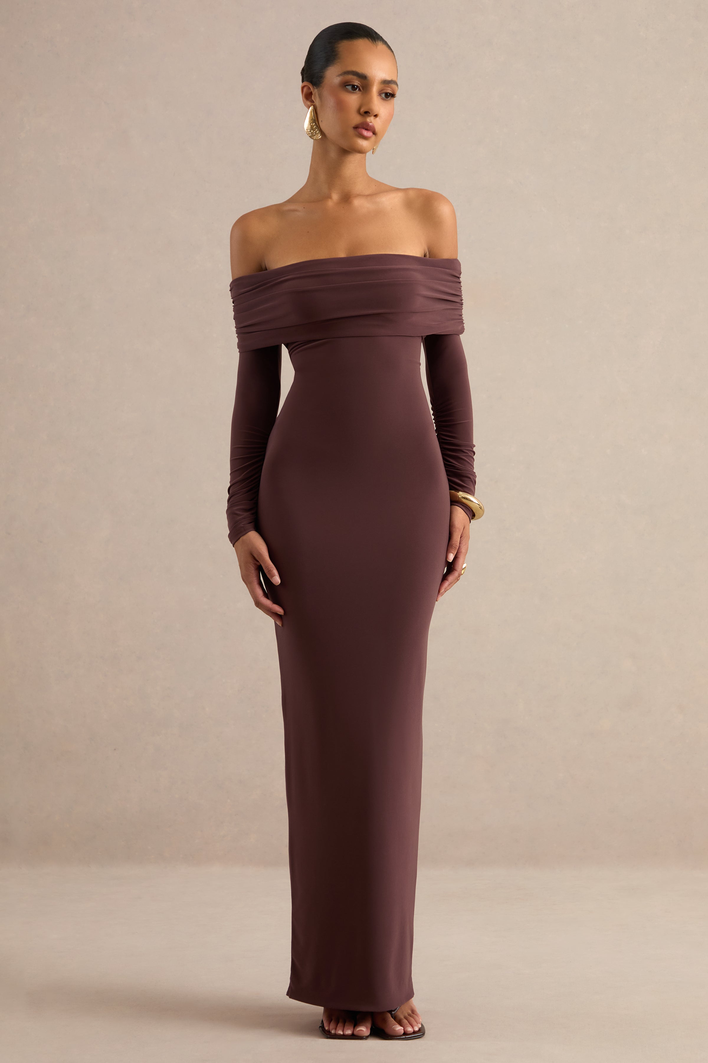 Keirae | Dark Brown Bardot-Neck Maxi Dress