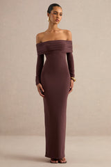 Keirae | Dark Brown Bardot-Neck Maxi Dress