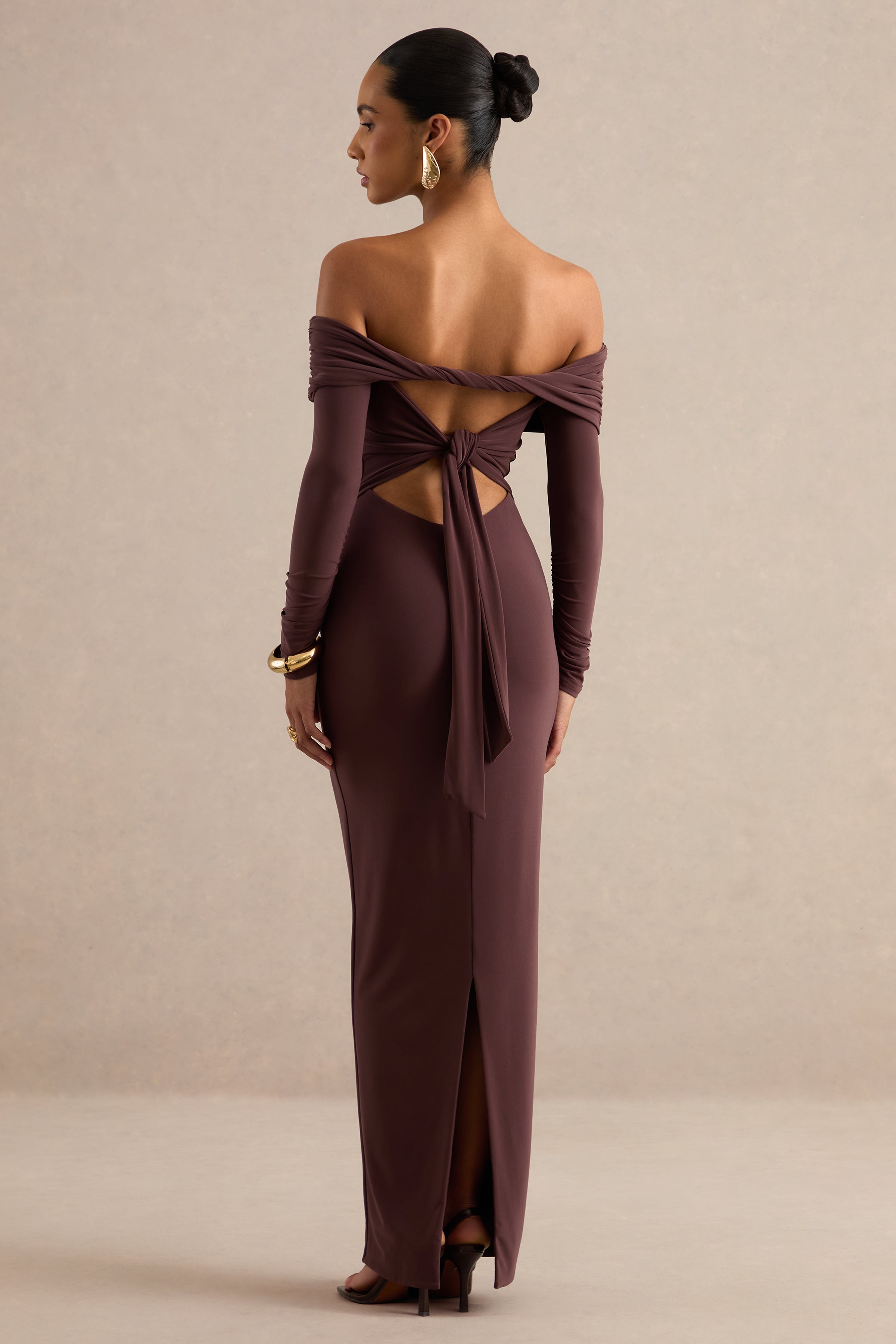 Keirae | Dark Brown Bardot-Neck Maxi Dress