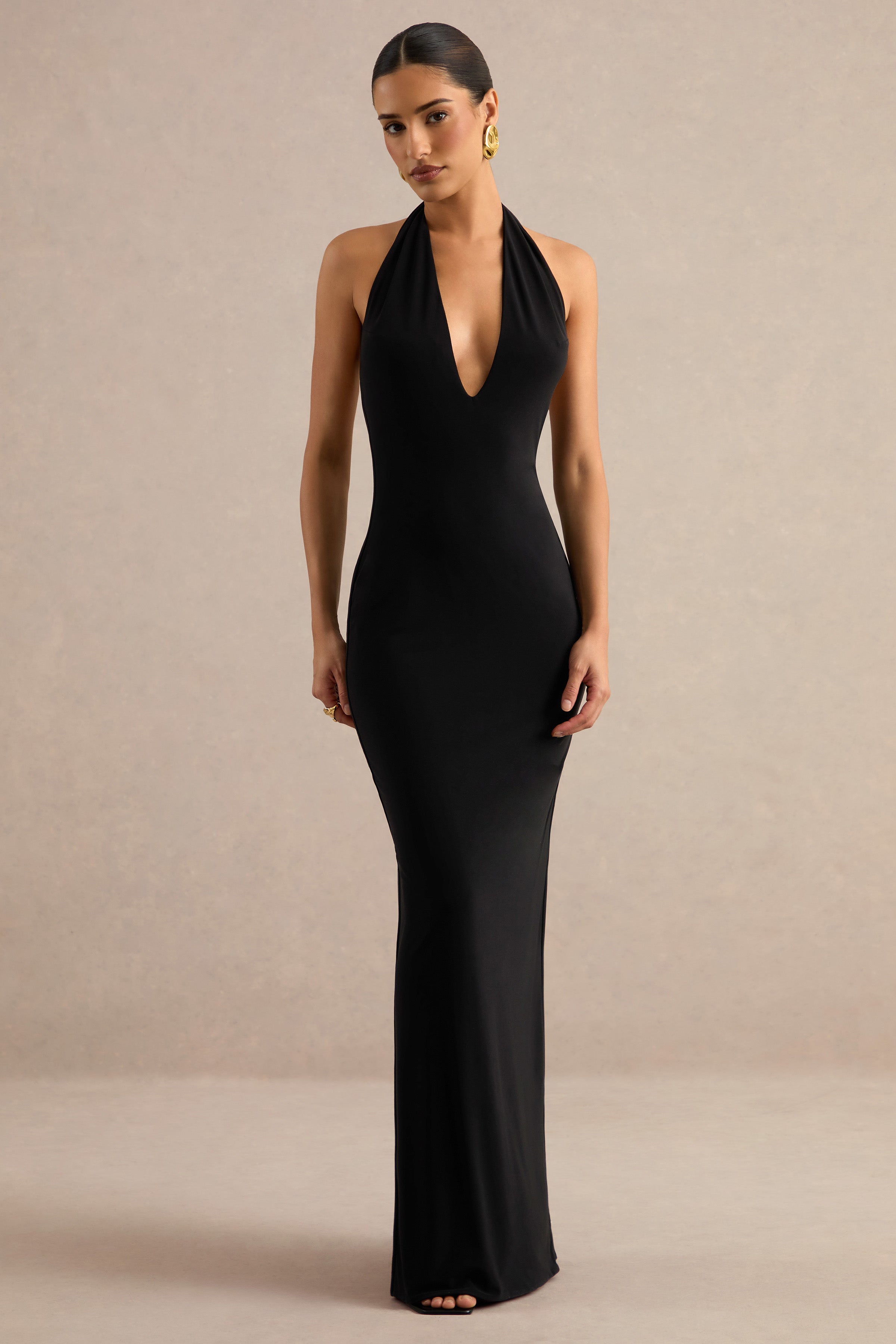 Maristela | Black Plunge-Neck Maxi Dress with Gloves