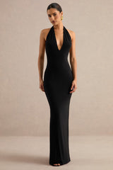 Maristela | Black Plunge-Neck Maxi Dress with Gloves