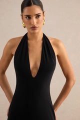 Maristela | Black Plunge-Neck Maxi Dress with Gloves