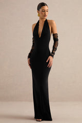 Maristela | Black Plunge-Neck Maxi Dress with Gloves