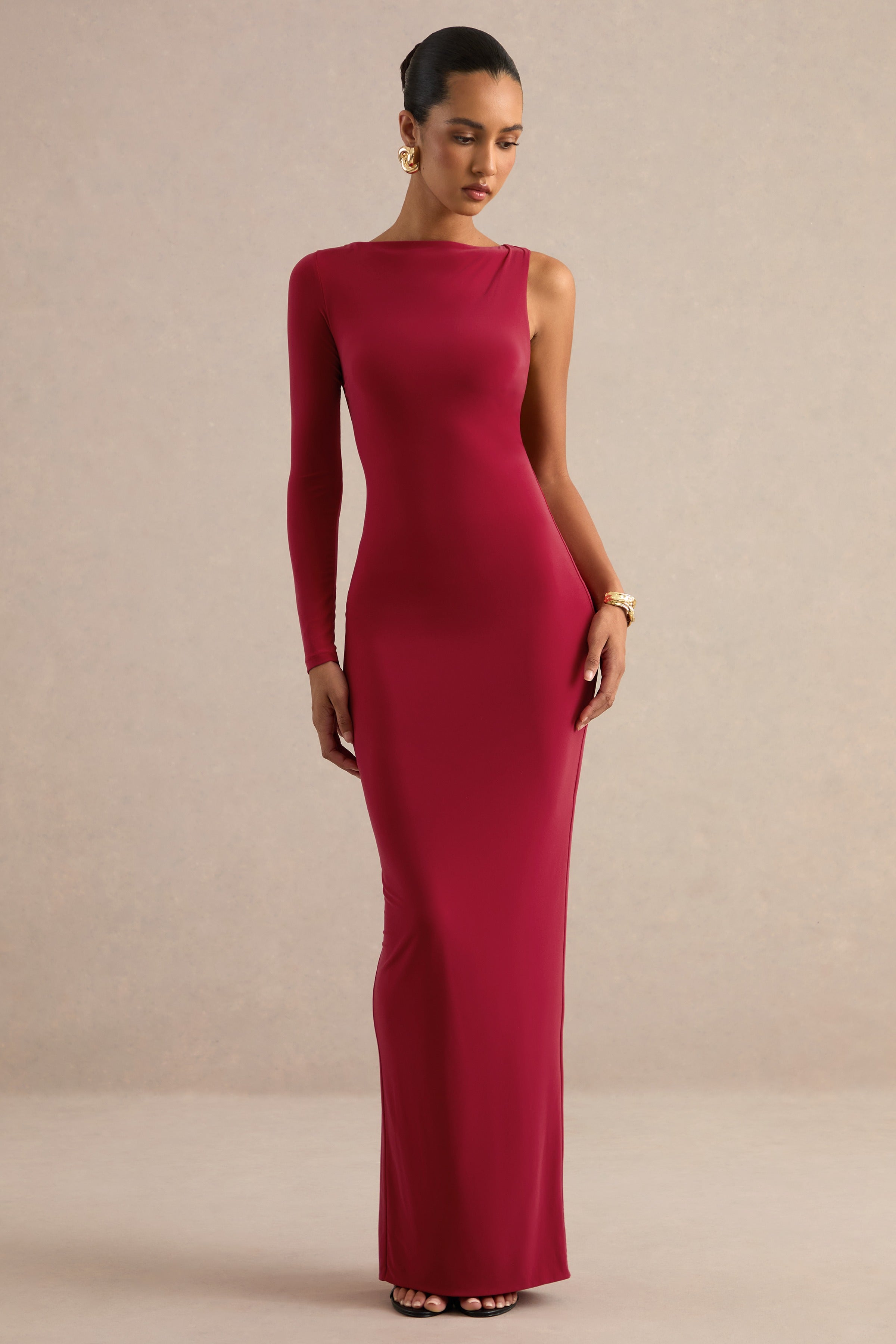 Kestrel | Red Slash-Neck One Sleeve Maxi Dress