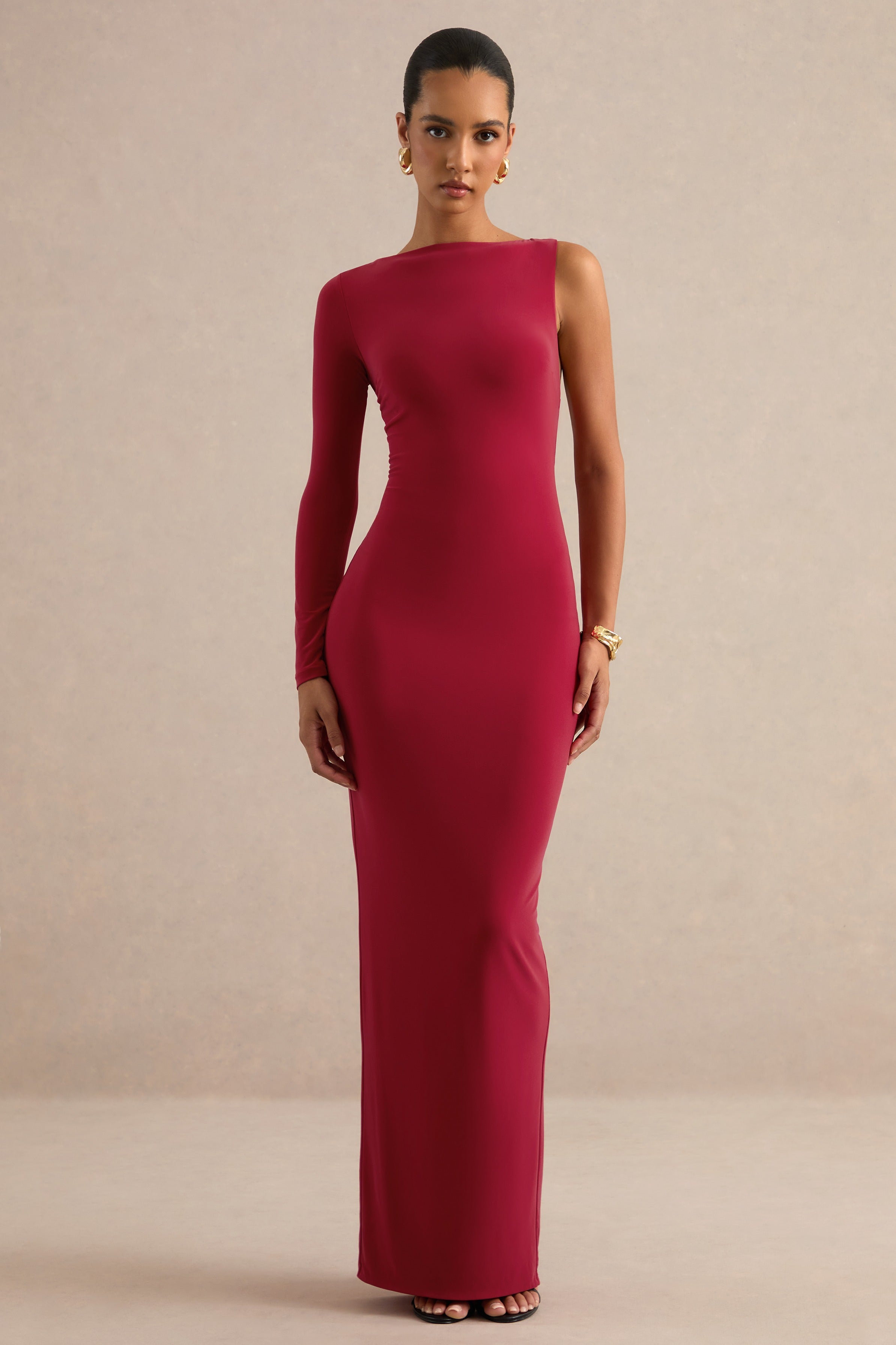 Kestrel | Red Slash-Neck One Sleeve Maxi Dress