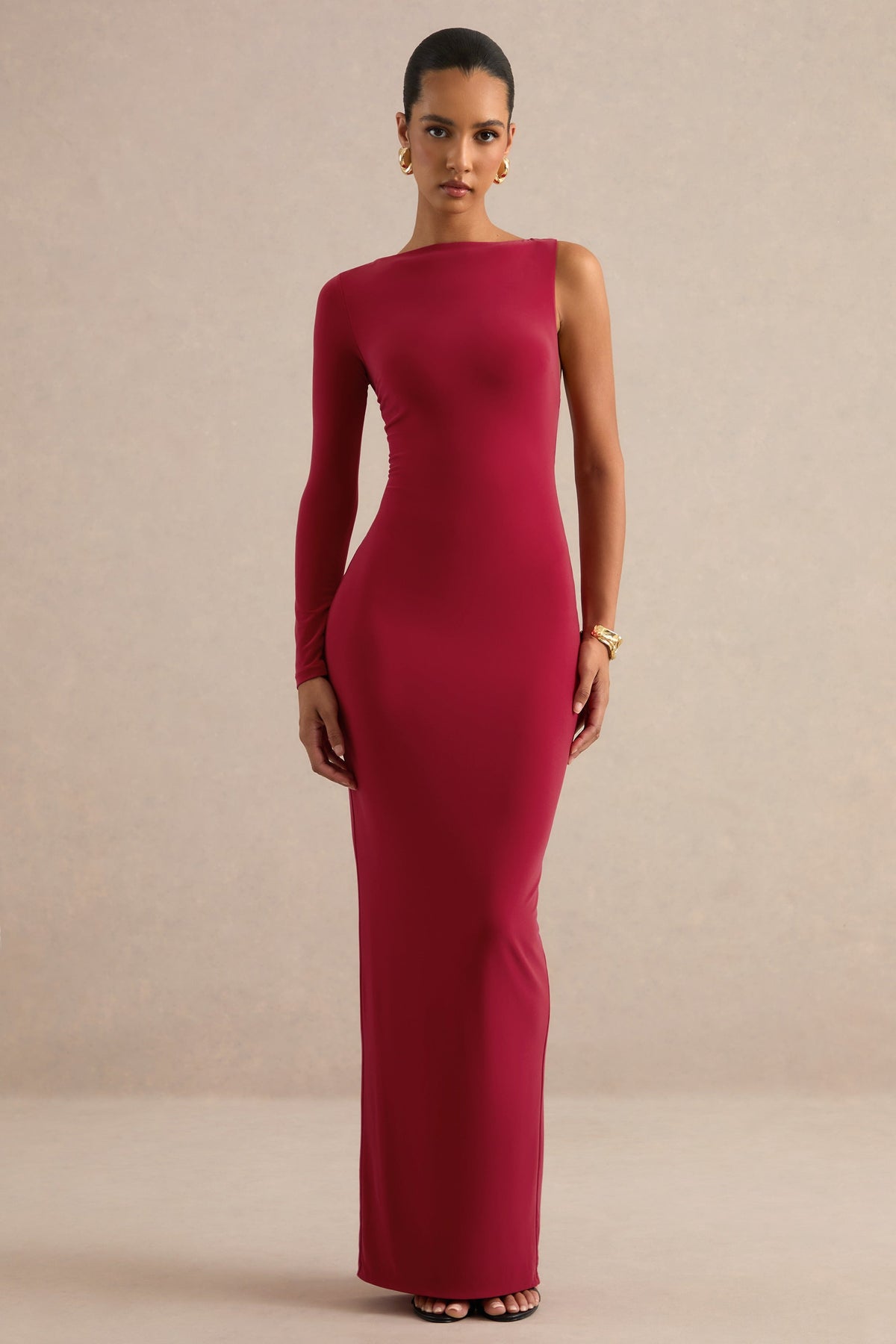 Kestrel | Red Slash-Neck One Sleeve Maxi Dress