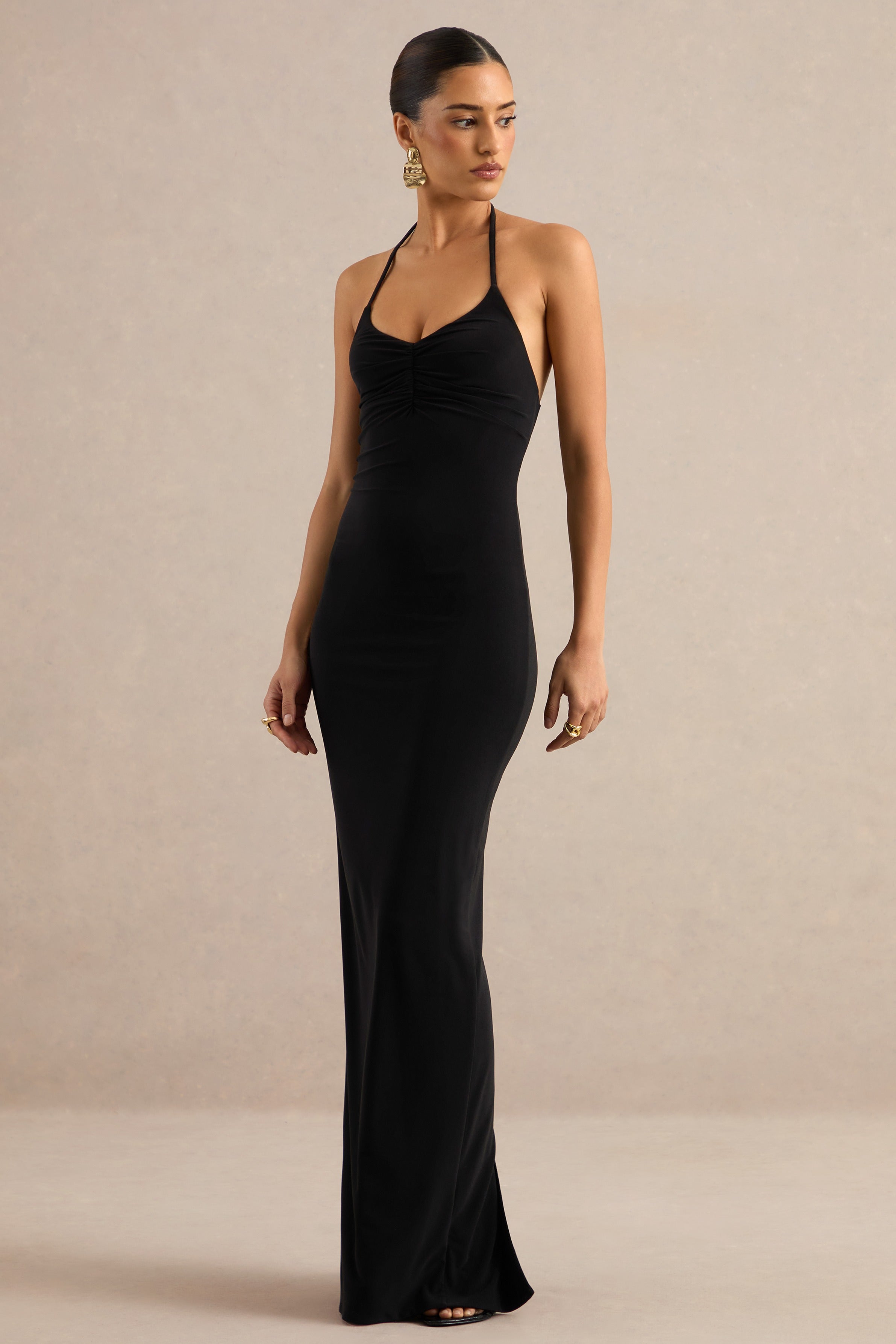 Lailah | Black Halter-Neck Maxi Dress With Ruched Detail