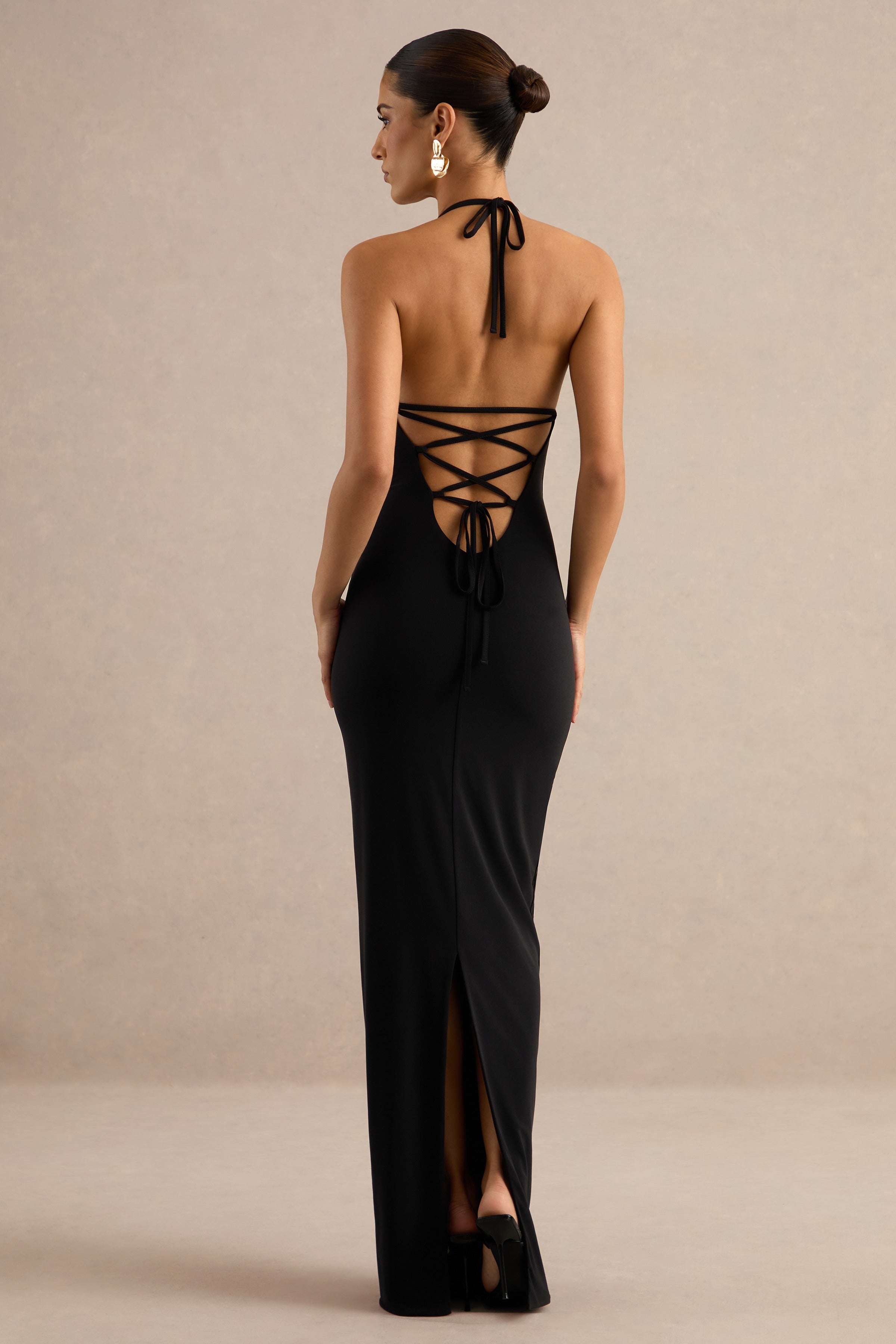 Lailah | Black Halter-Neck Maxi Dress With Ruched Detail