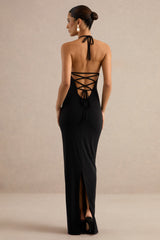 Lailah | Black Halter-Neck Maxi Dress With Ruched Detail