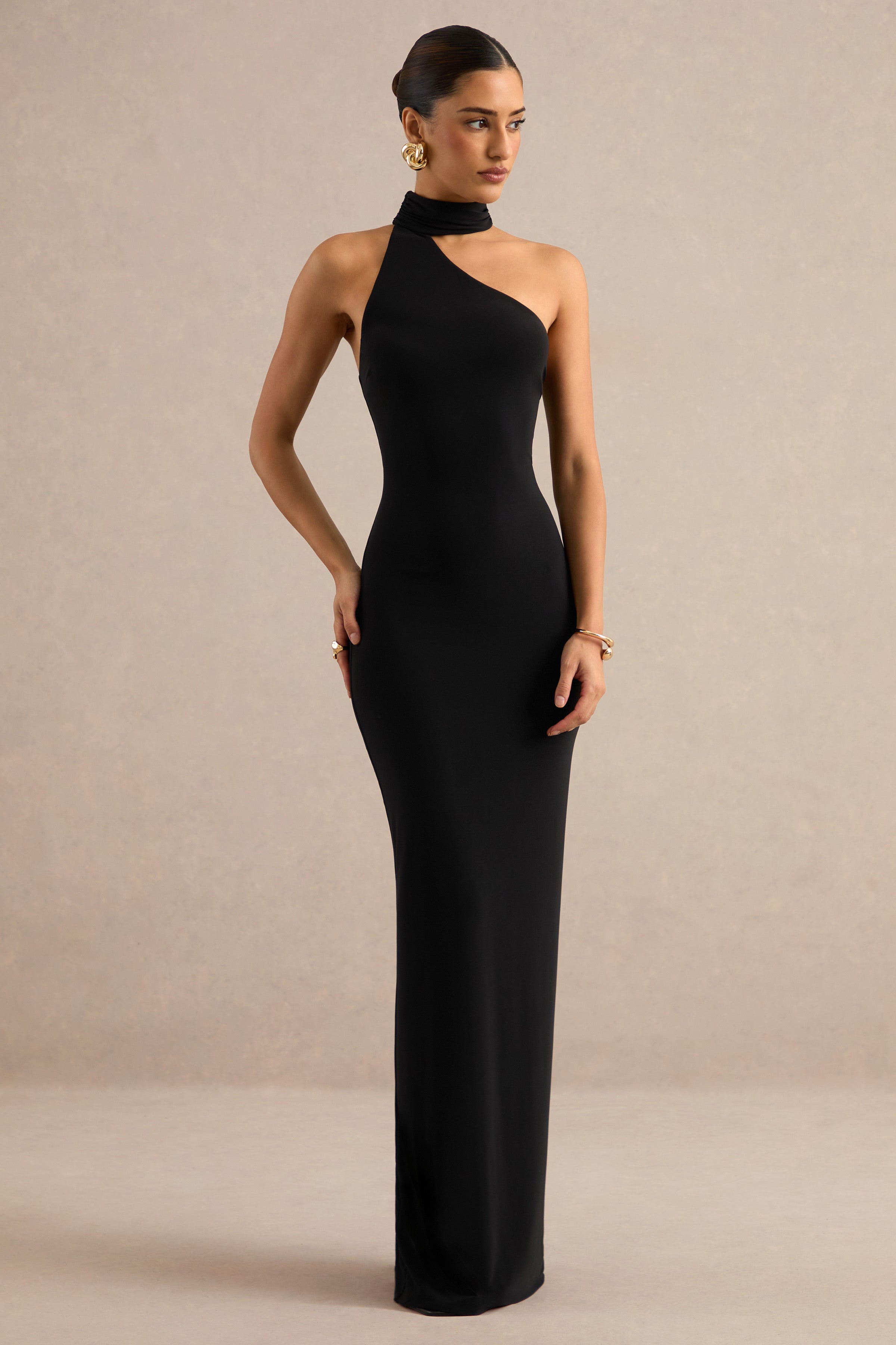 Maebelle | Black Asymmetric-Neck Maxi Dress With Collar