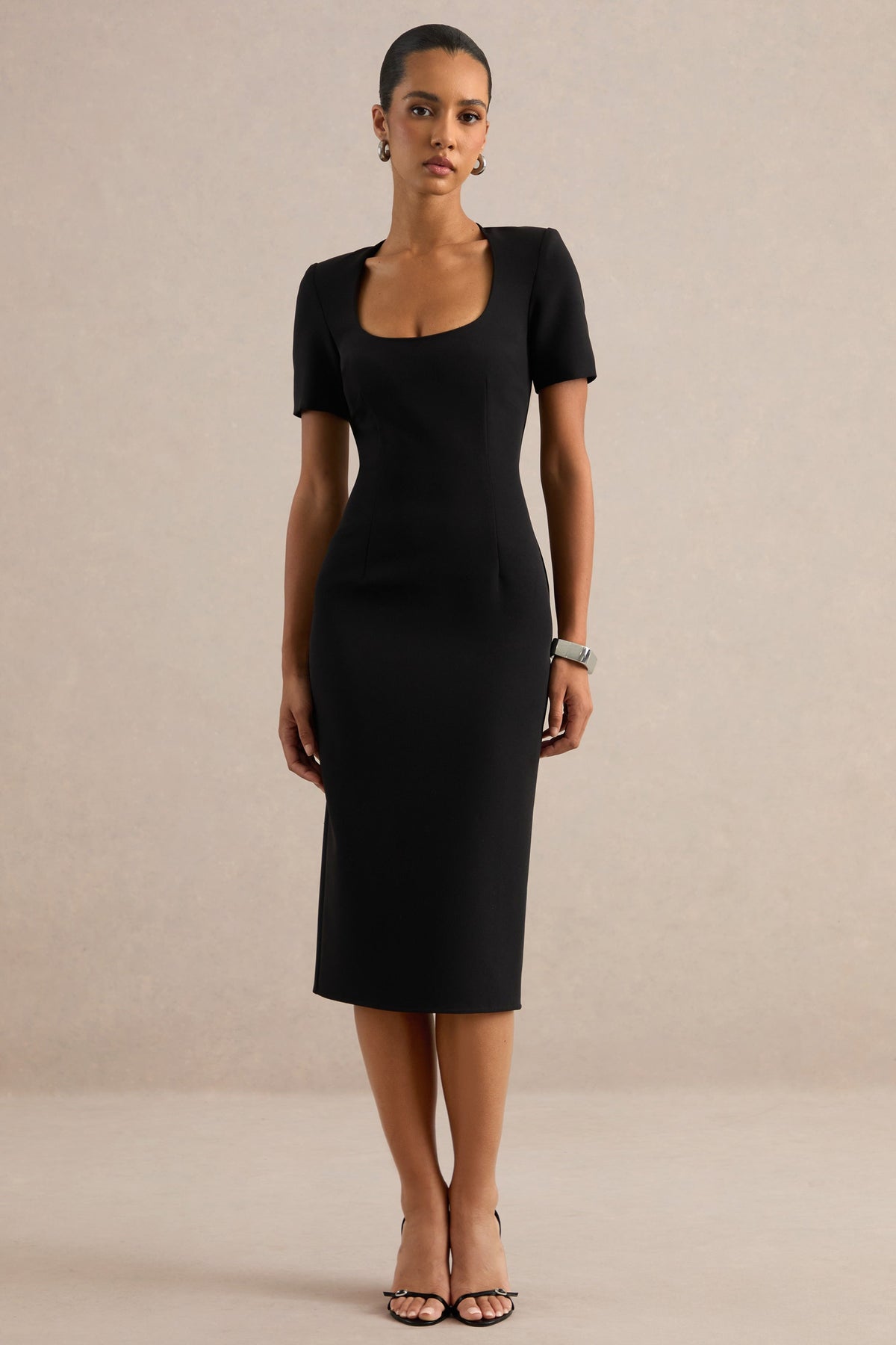Elisiae | Black Scoop-Neck Midi Dress