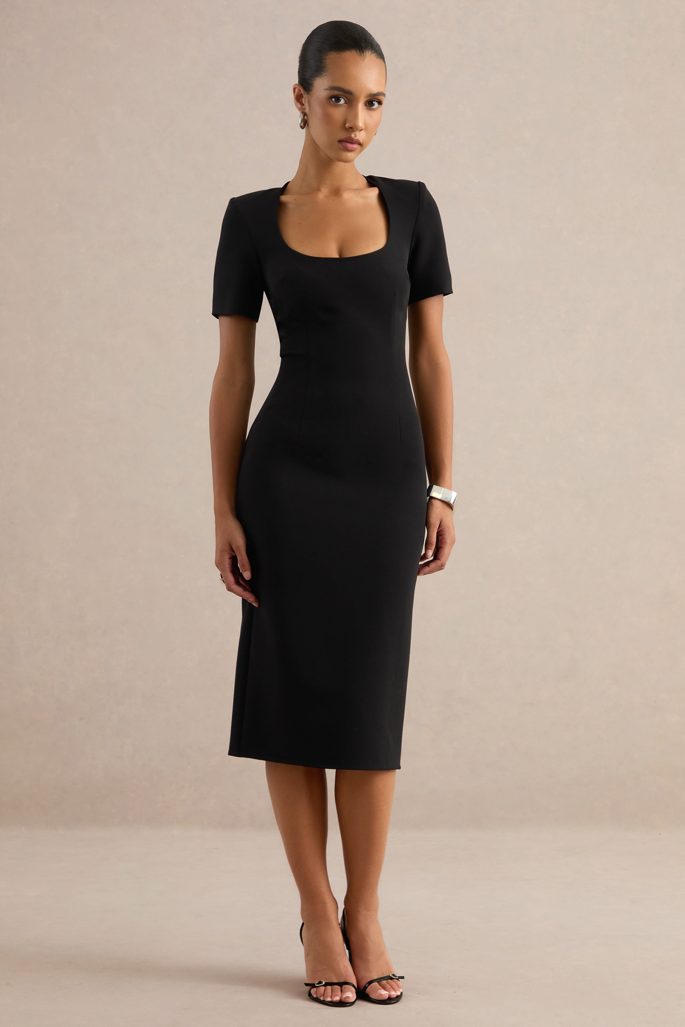 Elisiae | Black Scoop-Neck Midi Dress