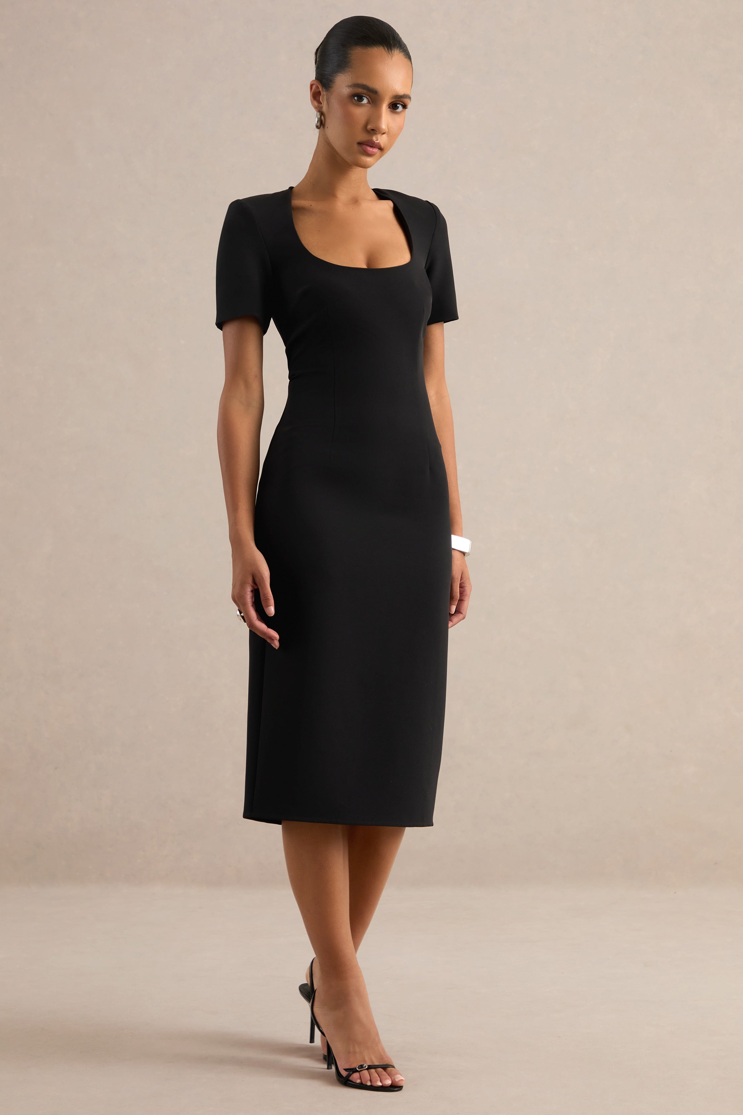 Elisiae | Black Scoop-Neck Midi Dress