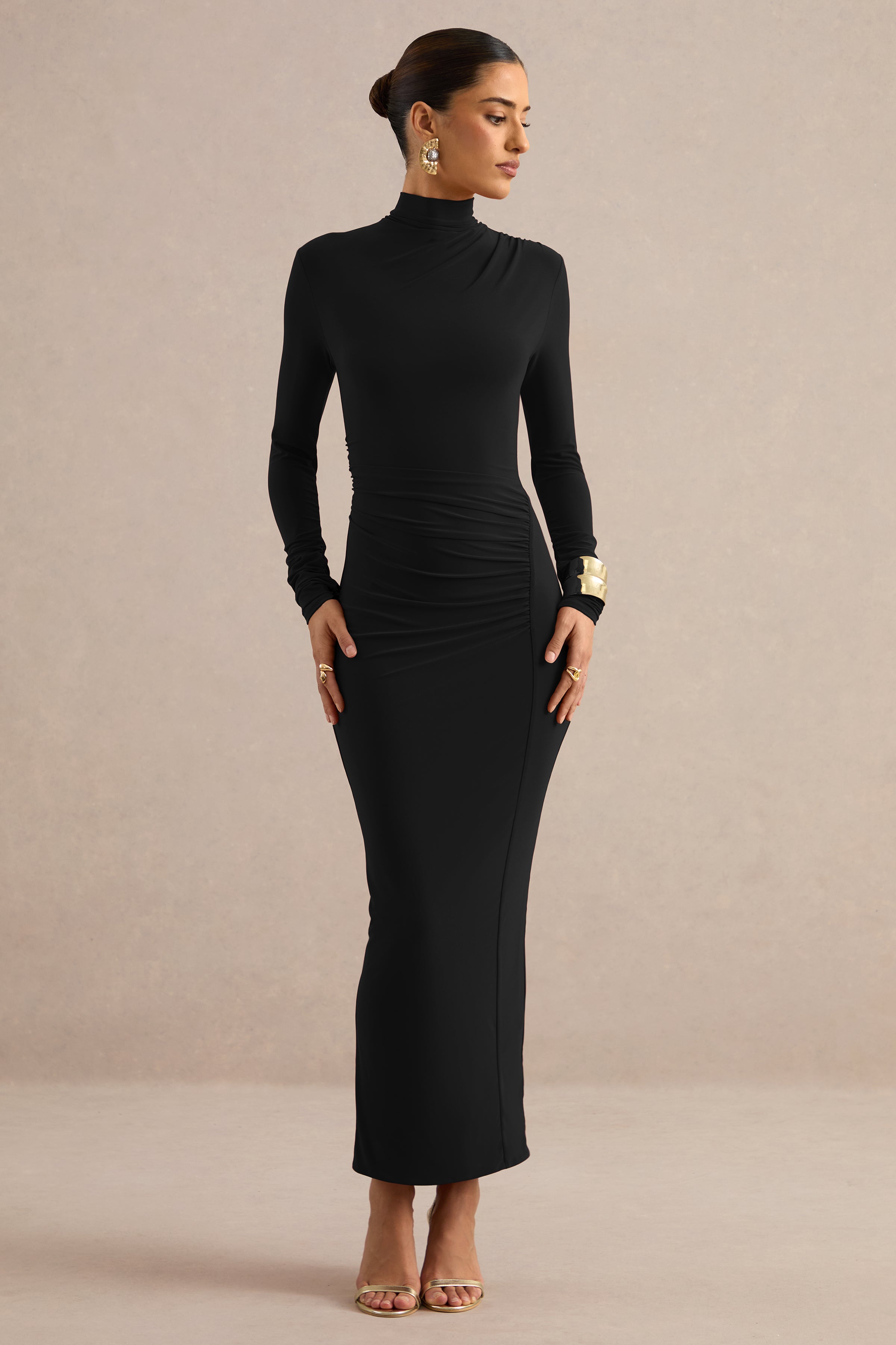 Erienne | Black High-Neck Maxi Dress With Ruched Detailing