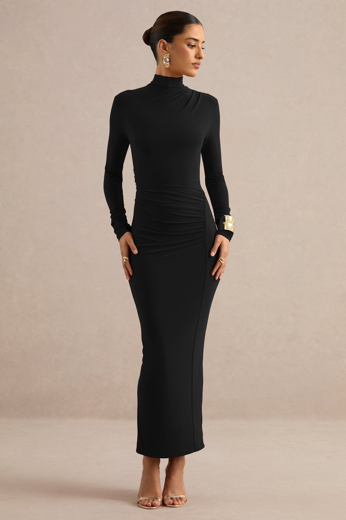 Erienne | Black High-Neck Maxi Dress With Ruched Detailing