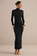 Erienne | Black High-Neck Maxi Dress With Ruched Detailing
