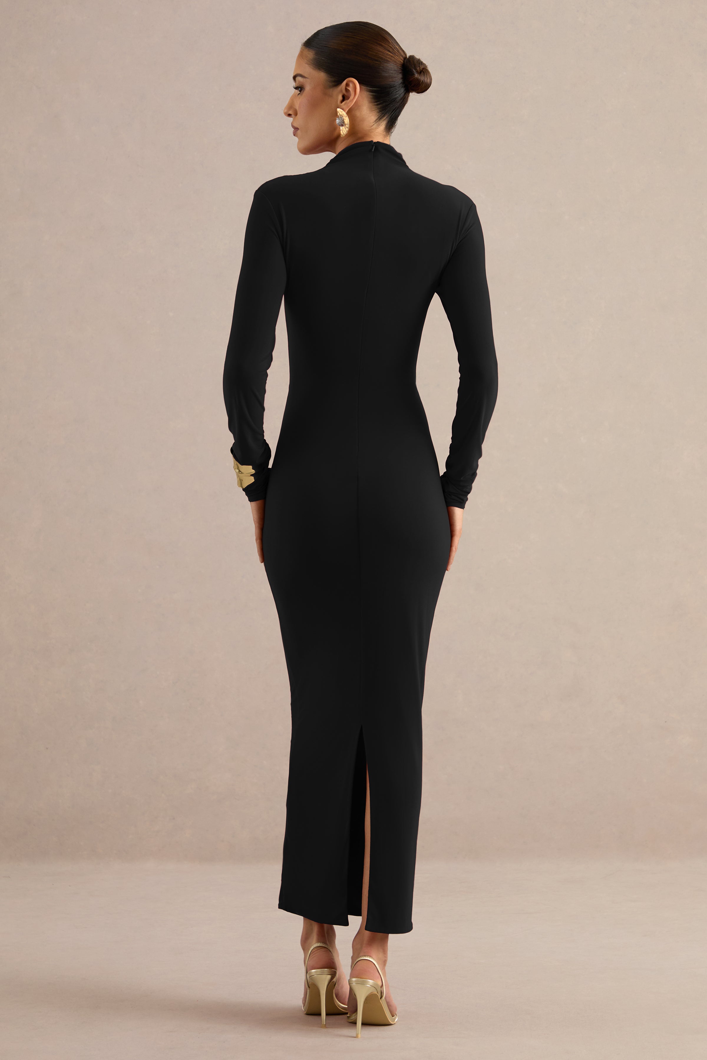 Erienne | Black High-Neck Maxi Dress With Ruched Detailing