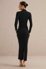 Erienne | Black High-Neck Maxi Dress With Ruched Detailing