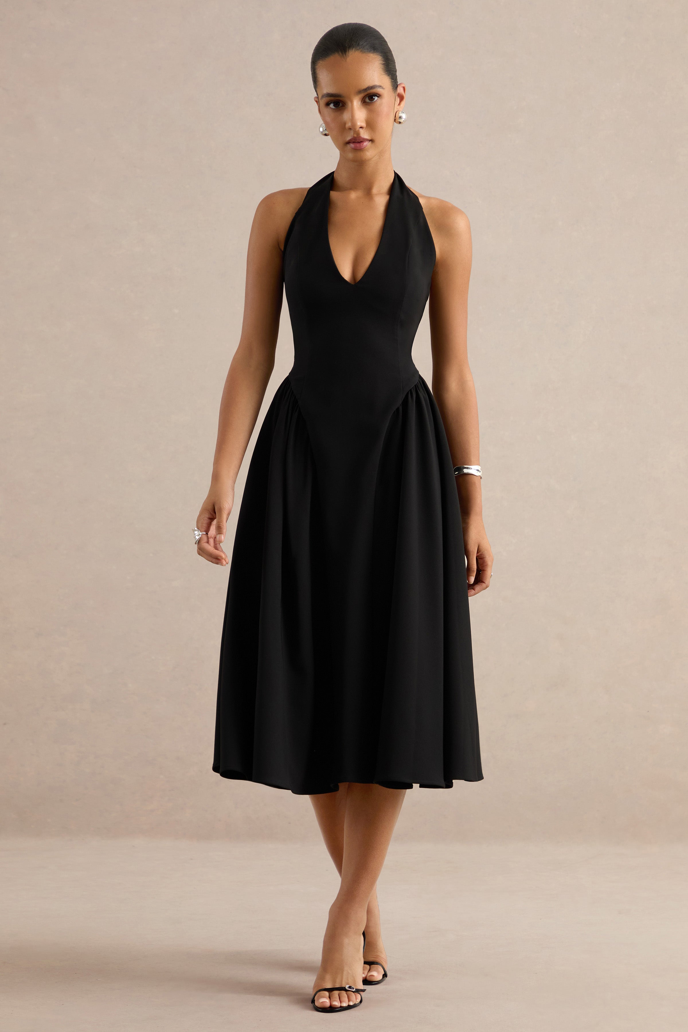Mirel | Black Halter-Neck Midi Dress