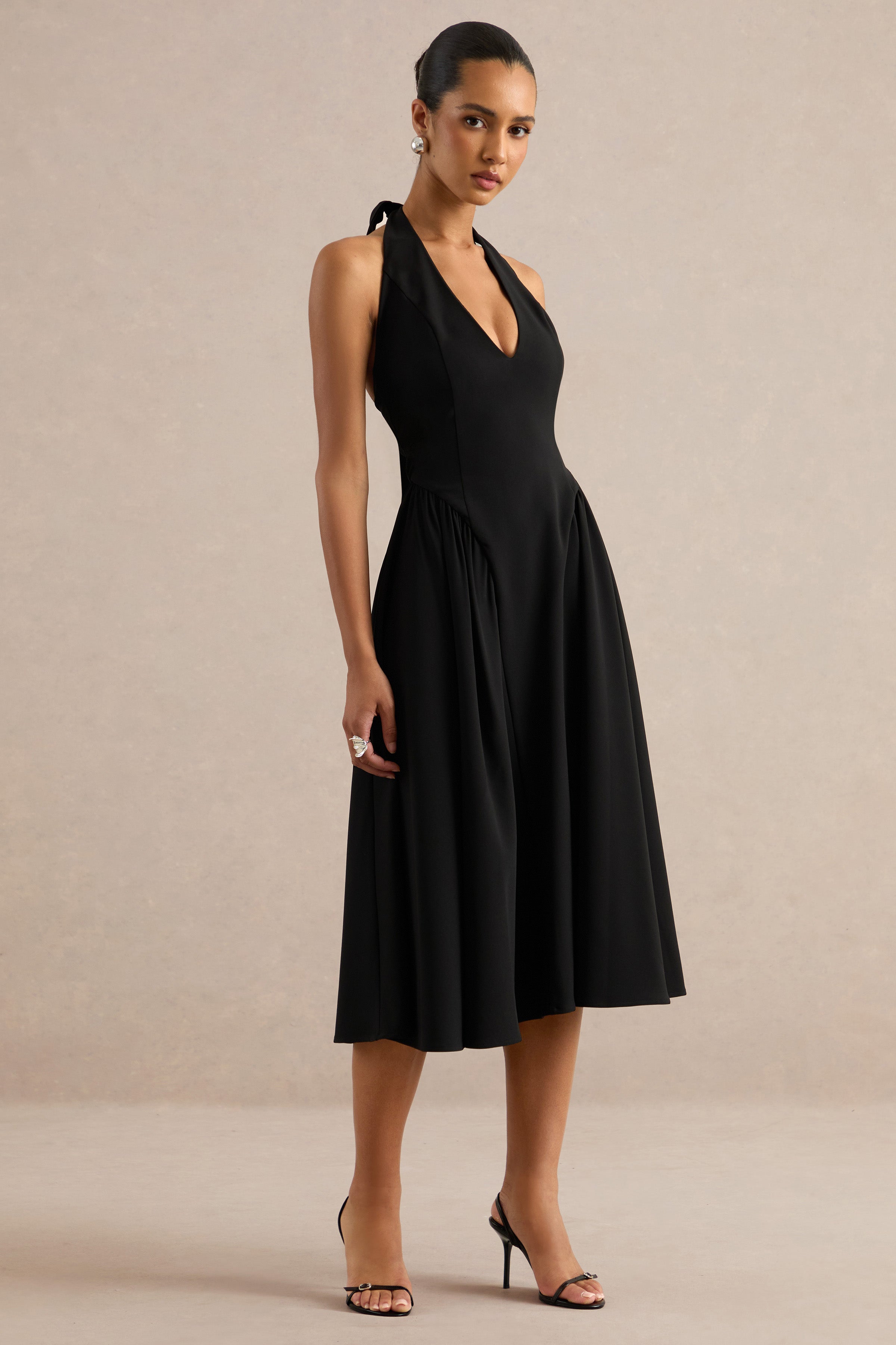 Mirel | Black Halter-Neck Midi Dress