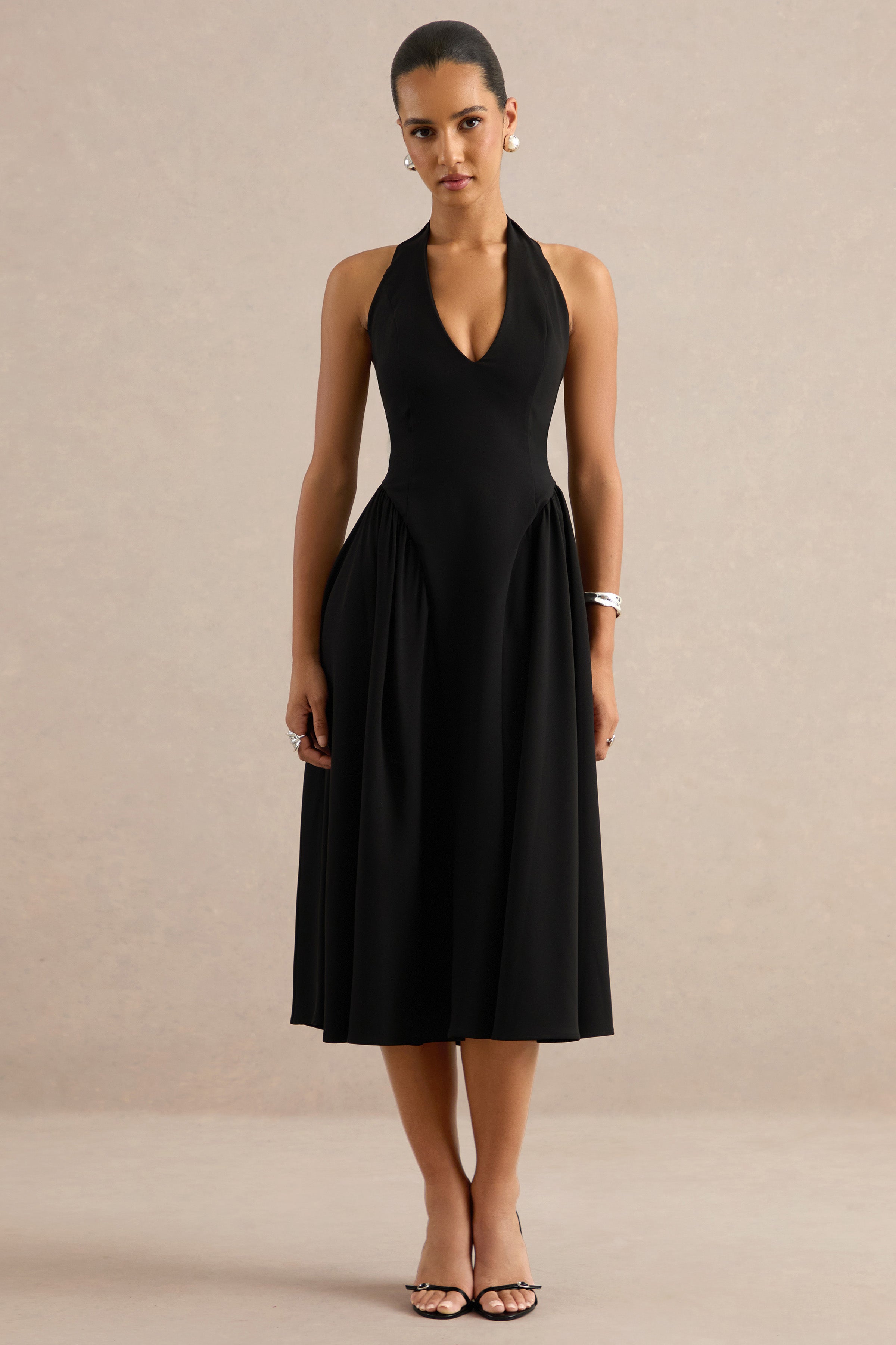 Mirel | Black Halter-Neck Midi Dress