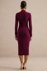 Faylinn | Burgundy High-Neck Midi Dress With Draped Detailing And Front Split