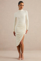 Faylinn | Cream High-Neck Midi Dress With Draped Detailing And Front Split