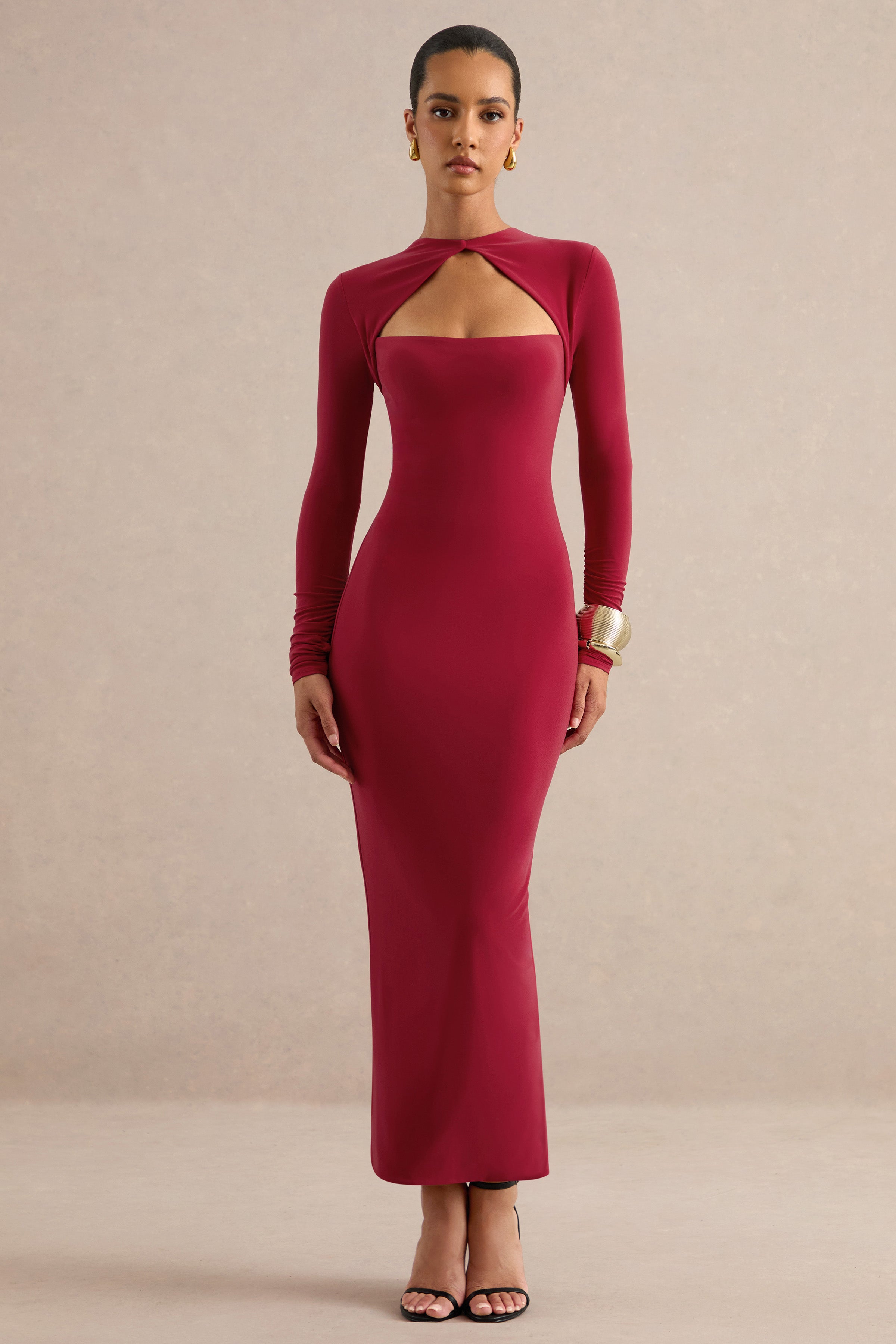 Felicienne | Red High-Neck Maxi Dress With Twisted Cut-Out