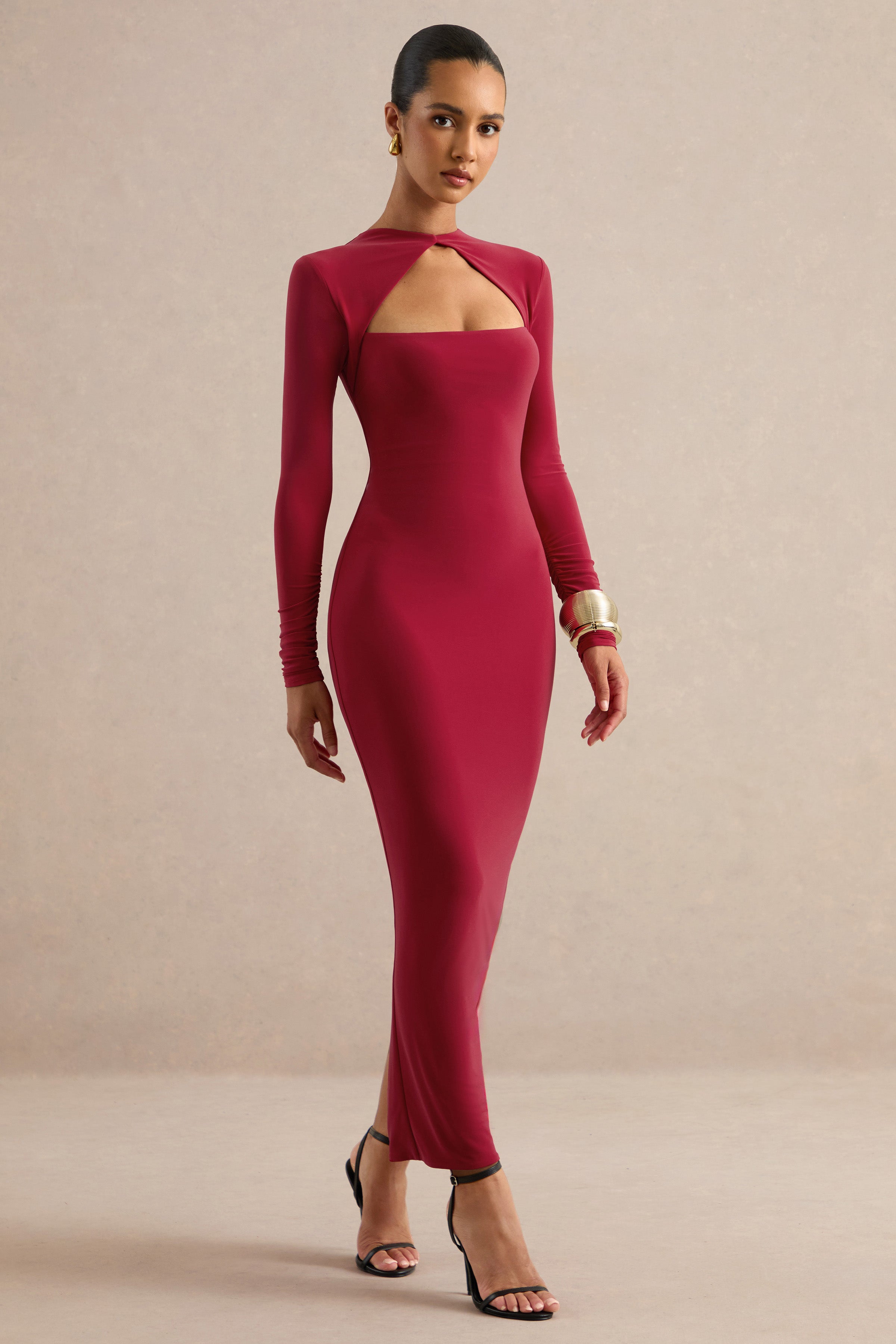 Felicienne | Red High-Neck Maxi Dress With Twisted Cut-Out