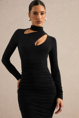 Fiorina | Black High-Neck Midi Dress With Chest Cut-Outs