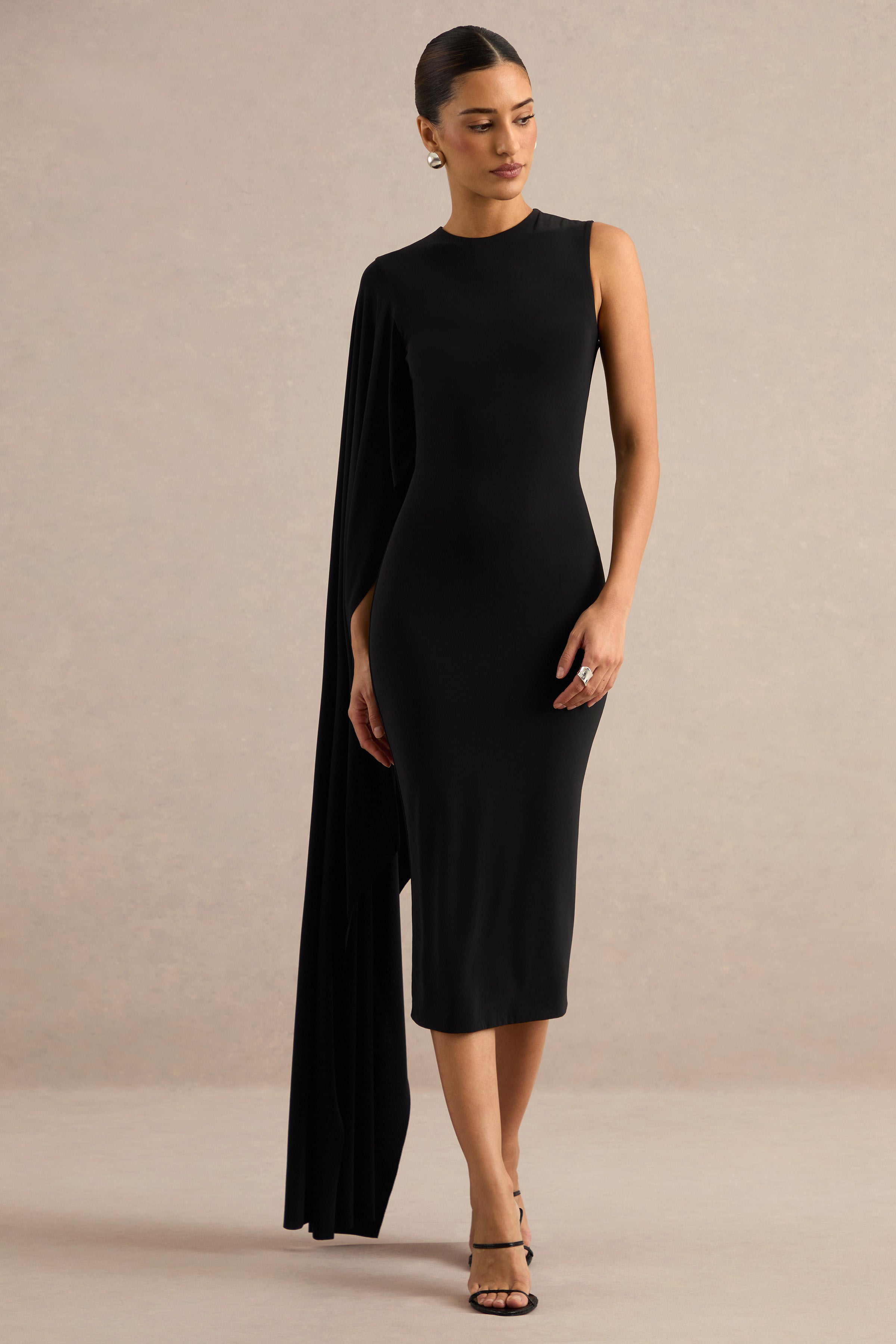 Ilarie | Black Round-Neck Midi Dress With Cape Sleeve