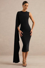 Ilarie | Black Round-Neck Midi Dress With Cape Sleeve