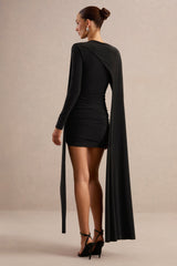 Ilse | Black Round-Neck Mini Dress With Cape