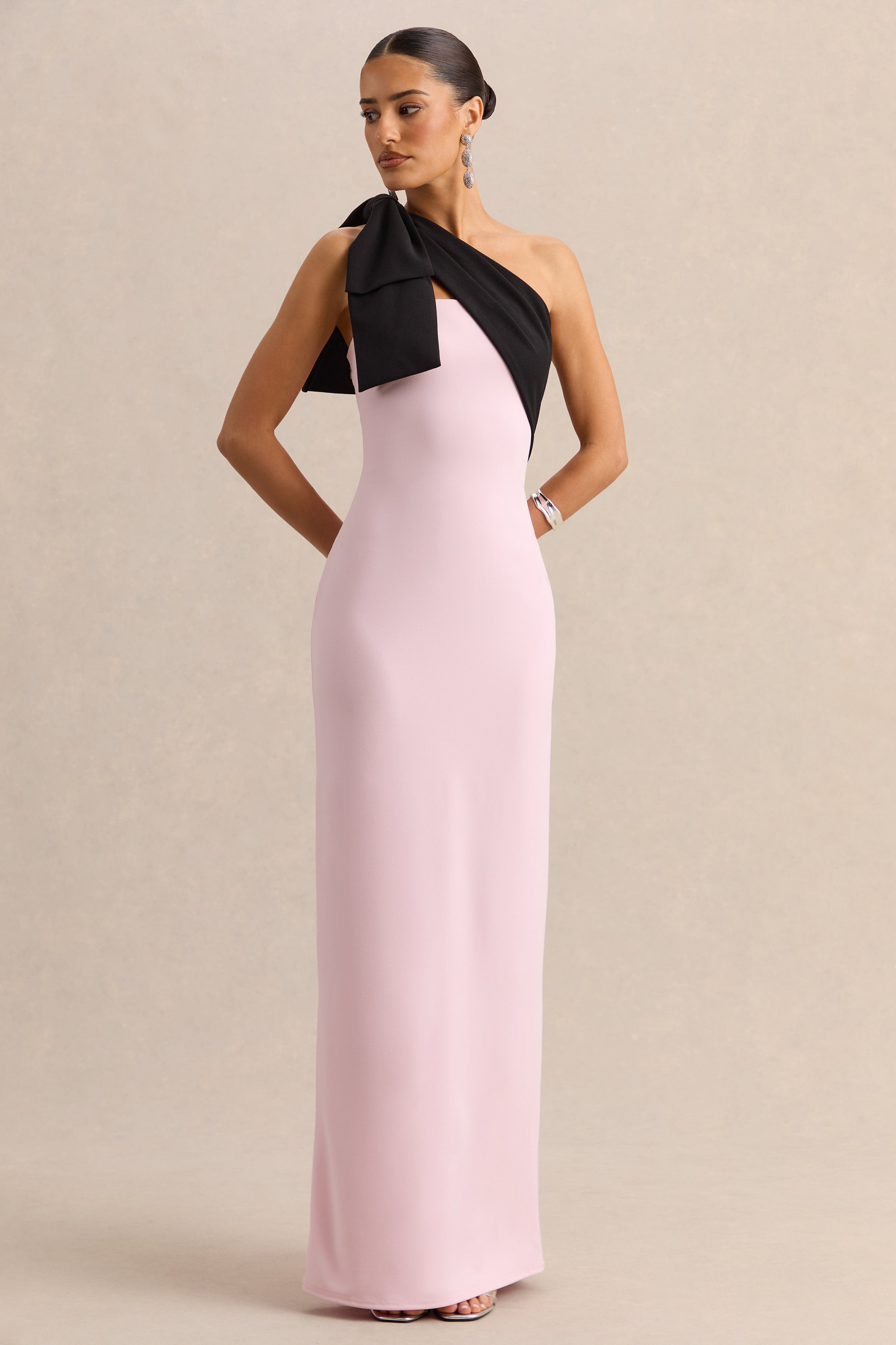 Adara | Pink & Black Asymmetric-Neck Maxi Dress With Bow-Detail
