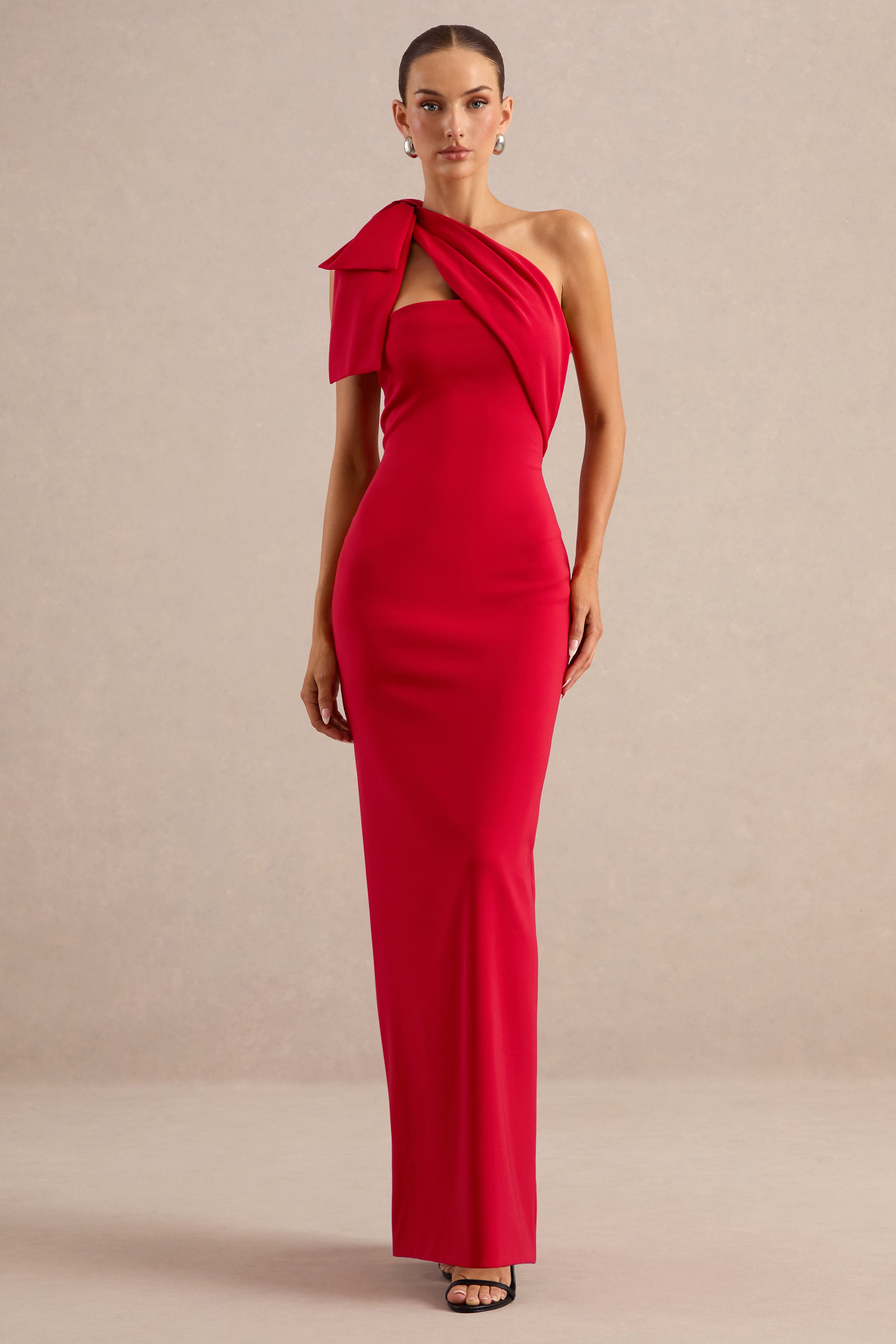 Adara | Red Asymmetric-Neck Maxi Dress With Bow-Detail