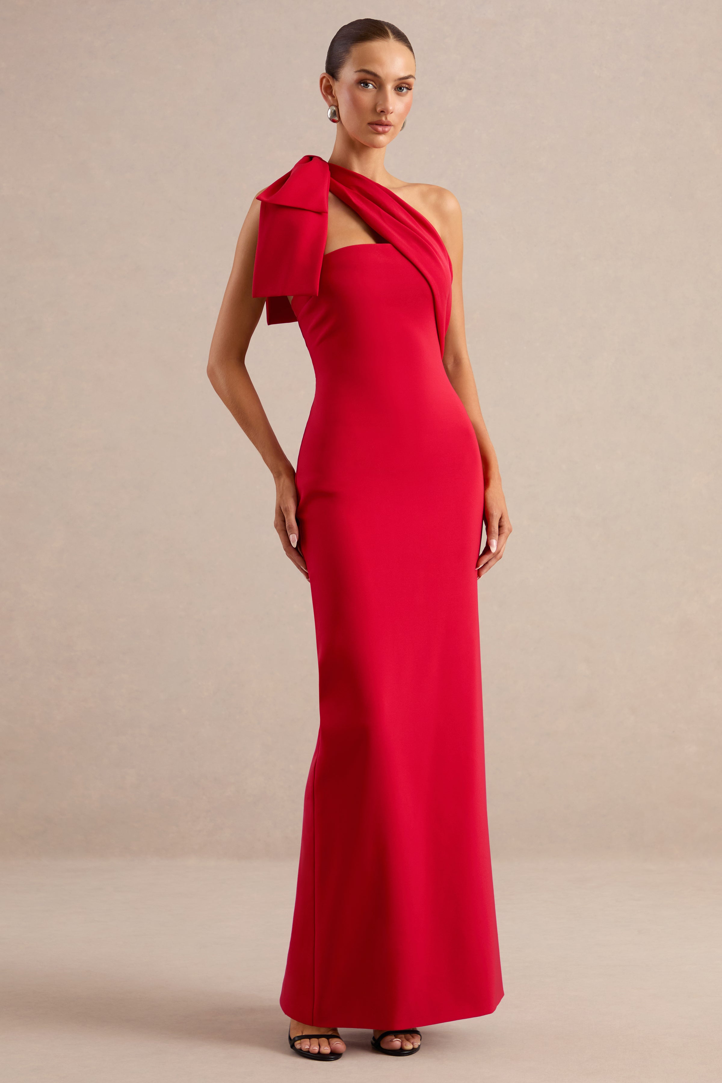 Adara | Red Asymmetric-Neck Maxi Dress With Bow-Detail