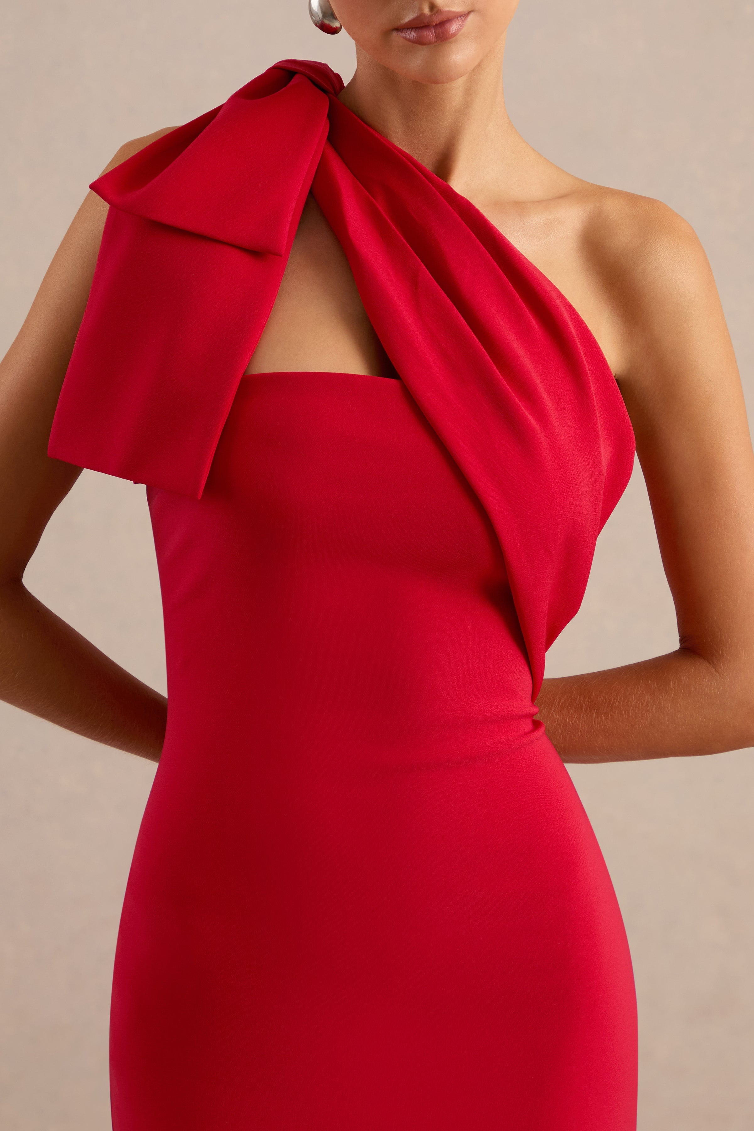 Adara | Red Asymmetric-Neck Maxi Dress With Bow-Detail