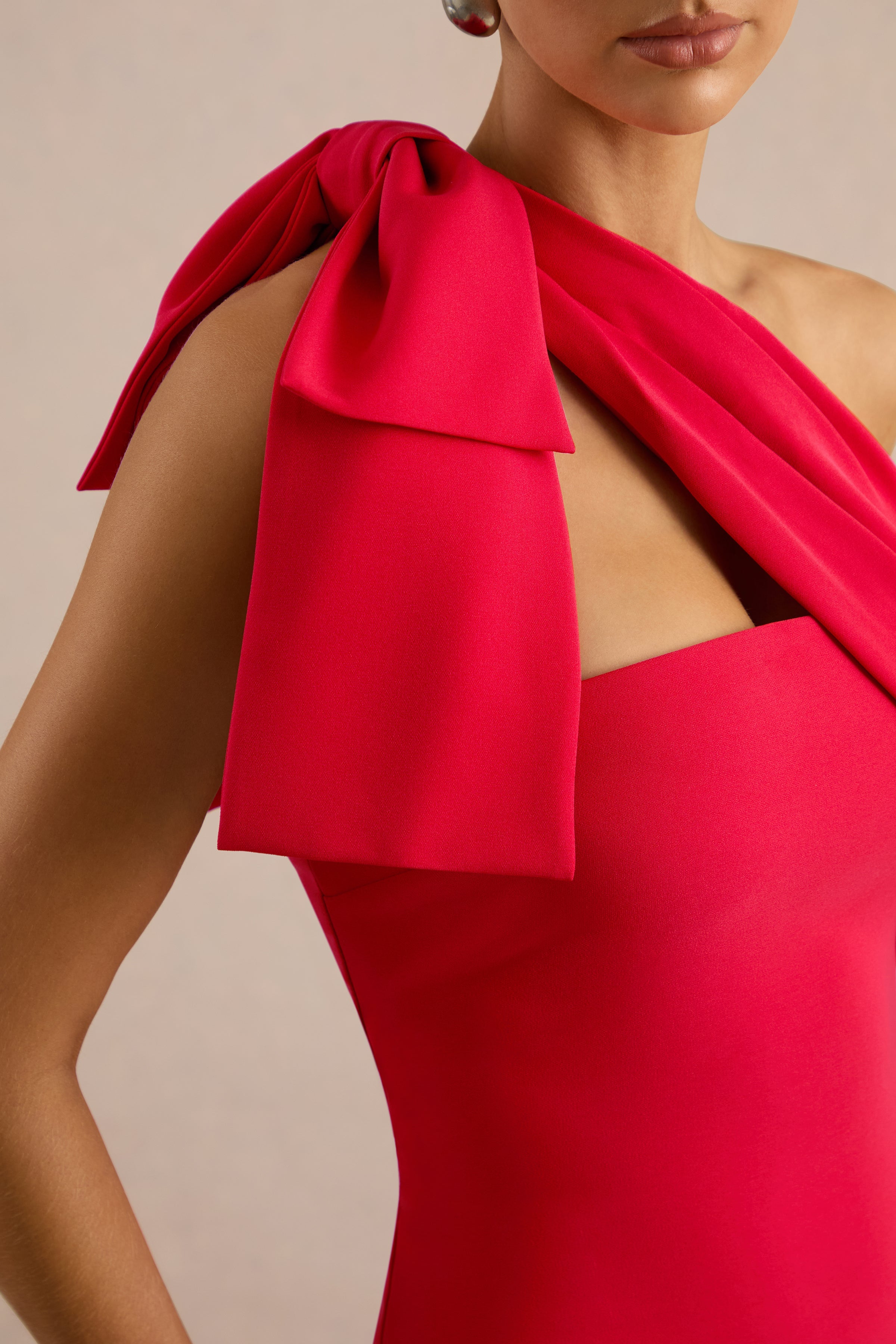 Adara | Red Asymmetric-Neck Maxi Dress With Bow-Detail