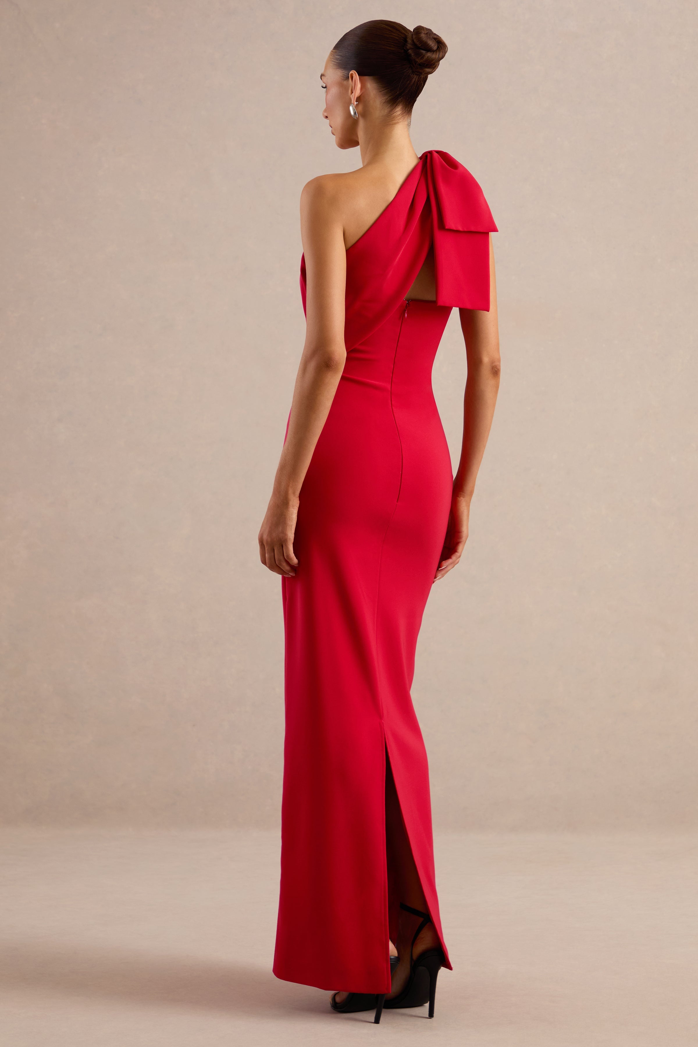 Adara | Red Asymmetric-Neck Maxi Dress With Bow-Detail