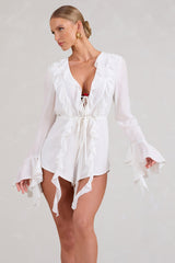Sauvage | White Chiffon Ruffle Plunge Long Sleeve Romper