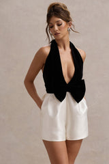 Rea | Black & White Velvet Plunge Neck Romper With Bow